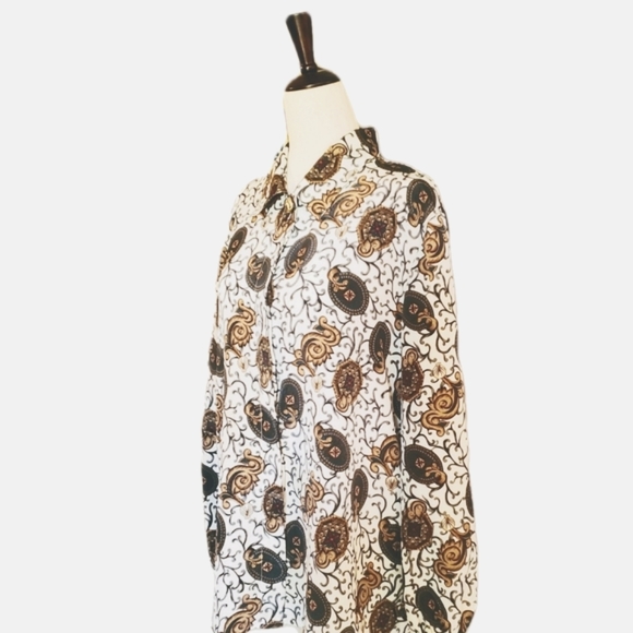 VINTAGE BLOUSE SHIRT LONG SLEEVE SZ 14 GOLD BEIGE BROWN GREEN RED BRASS BUTTONS - Picture 6 of 13